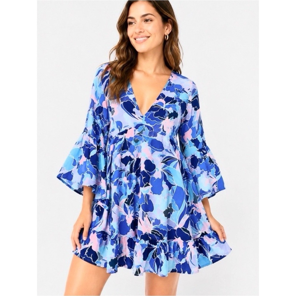 Label of Love Sydney Australia Blue Floral Bell Sleeve V-Neck Mini Dress Large